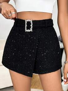 SHEIN Privé Rhinestone Buckle Belted Sequin Skort - Black - View 4