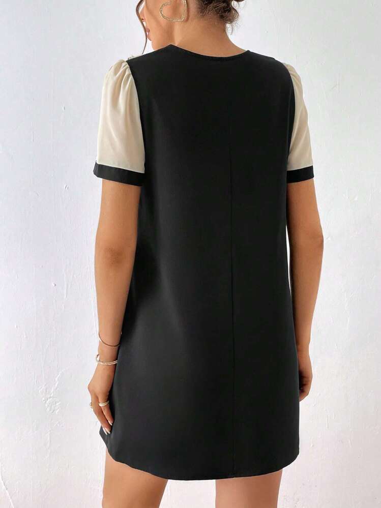 SHEIN Privé Colorblock Ruffle Trim Contrast Lace Tunic Dress - Black - View 2
