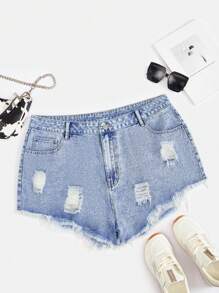 大碼破洞毛邊牛仔短褲 - 淺色水洗藍 - 查看 1
