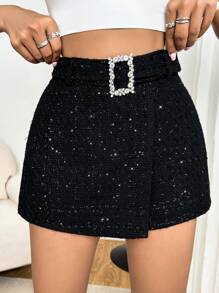 SHEIN Privé Rhinestone Buckle Belted Sequin Skort - Black - View 5
