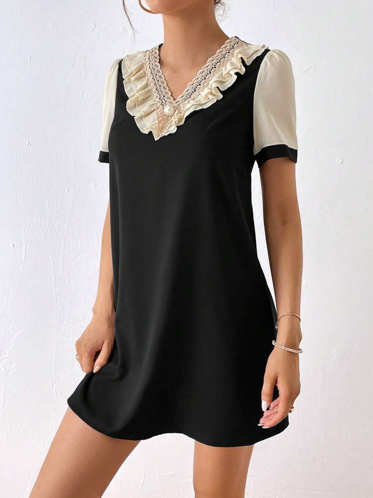 SHEIN Privé Colorblock Ruffle Trim Contrast Lace Tunic Dress - Black - View 3