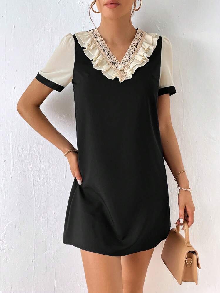 SHEIN Privé Colorblock Ruffle Trim Contrast Lace Tunic Dress - Black - View 4