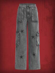 ROMWE Grunge Punk Star Print Flap Pocket Jeans - Light Grey - View 1