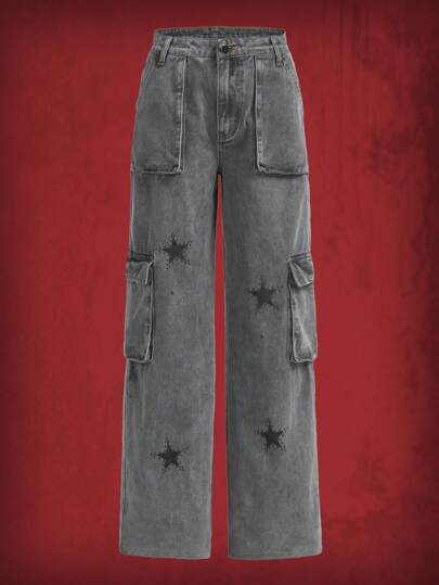 Grunge Punk Jeans mit Stern Muster, Pattentasche