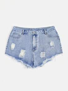 大碼破洞毛邊牛仔短褲 - 淺色水洗藍 - 查看 3