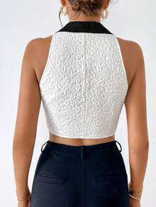 SHEIN Privé 拼接領前紐扣短款馬甲西裝外套 - 白色 - 查看 2