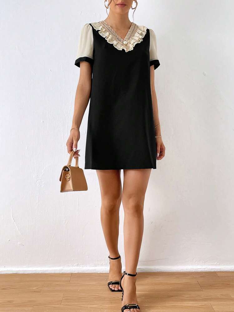 SHEIN Privé Colorblock Ruffle Trim Contrast Lace Tunic Dress - Black - View 5