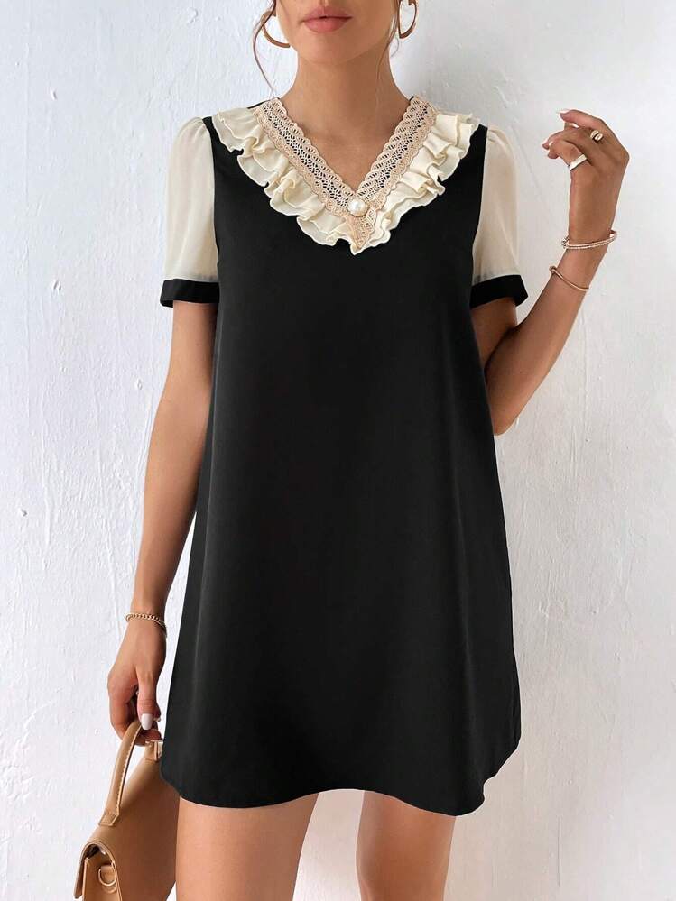 SHEIN Privé Colorblock Ruffle Trim Contrast Lace Tunic Dress - Black - View 6