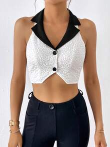 SHEIN Privé 拼接領前紐扣短款馬甲西裝外套 - 白色 - 查看 5