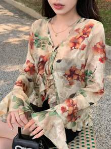 DAZY Floral Print Ruffle Trim Flare Sleeve Tie Front Blouse - Multicolor - View 1