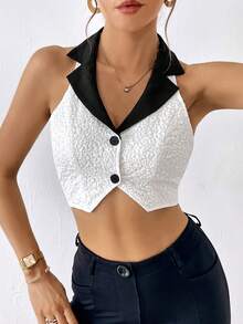 SHEIN Privé 拼接領前紐扣短款馬甲西裝外套 - 白色 - 查看 6