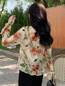 DAZY Floral Print Ruffle Trim Flare Sleeve Tie Front Blouse - Multicolor - View 2
