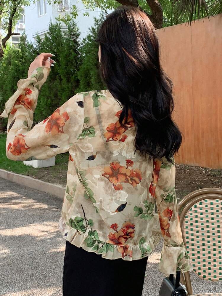 DAZY In hoa Viền Ruffle Tay áo loe Tie Trước Áo sơ mi - Nhiều màu - Xem 2