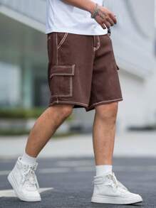 Manfinity Hypemode Lỏng lẻo phù hợp Nam Quần short Denim Với Flap túi Và Bên Chi tiết - Cà phê nâu - Xem 4