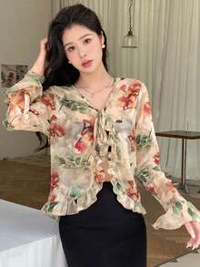 DAZY Floral Print Ruffle Trim Flare Sleeve Tie Front Blouse - Multicolor - View 3