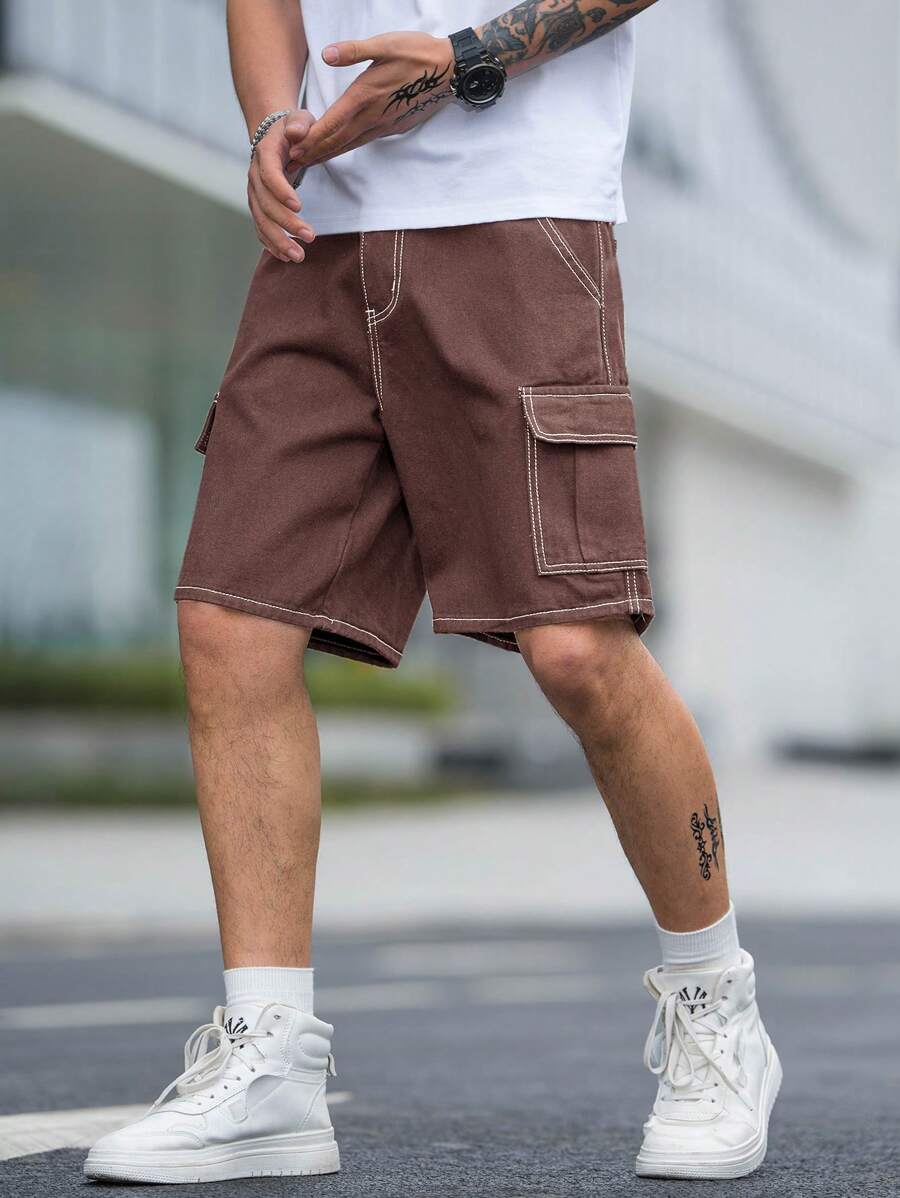 Manfinity Hypemode Lỏng lẻo phù hợp Nam Quần short Denim Với Flap túi Và Bên Chi tiết - Cà phê nâu - Xem 1