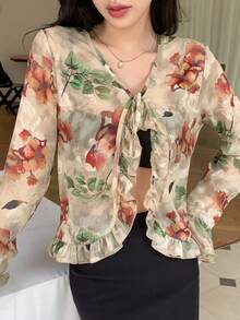DAZY Floral Print Ruffle Trim Flare Sleeve Tie Front Blouse - Multicolor - View 4