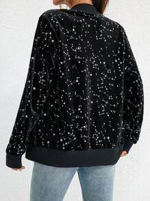 SHEIN Essnce 星星圖案拉鏈開襟飛行員夾克 - 黑色 - 查看 2