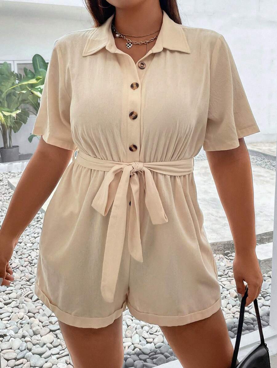 Celure 大碼前紐扣腰帶襯衫連體短褲 - 杏色 - 查看 1