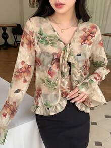 DAZY Floral Print Ruffle Trim Flare Sleeve Tie Front Blouse - Multicolor - View 6