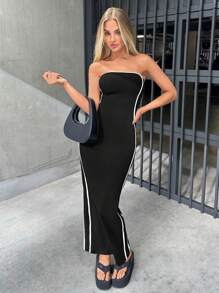 SHEIN EZwear Valentine's Day Dark Grey Strapless Slim Fit Women'S Bodycon Dress - Black - View 6