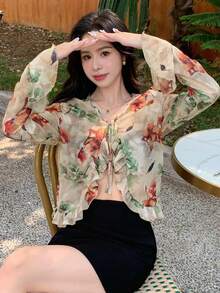 DAZY Floral Print Ruffle Trim Flare Sleeve Tie Front Blouse - Multicolor - View 7