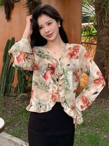 DAZY Floral Print Ruffle Trim Flare Sleeve Tie Front Blouse - Multicolor - View 8
