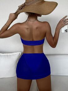 Ring Linked Bandeau Bikini Set For Summer With Beach Skirt - Royal Blue - View 2