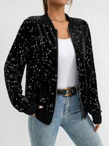 SHEIN Essnce 星星圖案拉鏈開襟飛行員夾克 - 黑色 - 查看 5