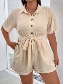 Celure 大碼前紐扣腰帶襯衫連體短褲 - 杏色 - 查看 4