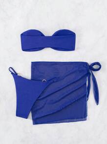 Ring Linked Bandeau Bikini Set For Summer With Beach Skirt - Royal Blue - View 4