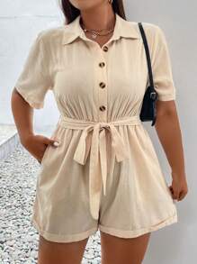 Celure 大碼前紐扣腰帶襯衫連體短褲 - 杏色 - 查看 6