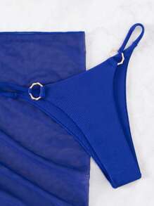 Ring Linked Bandeau Bikini Set For Summer With Beach Skirt - Royal Blue - View 6