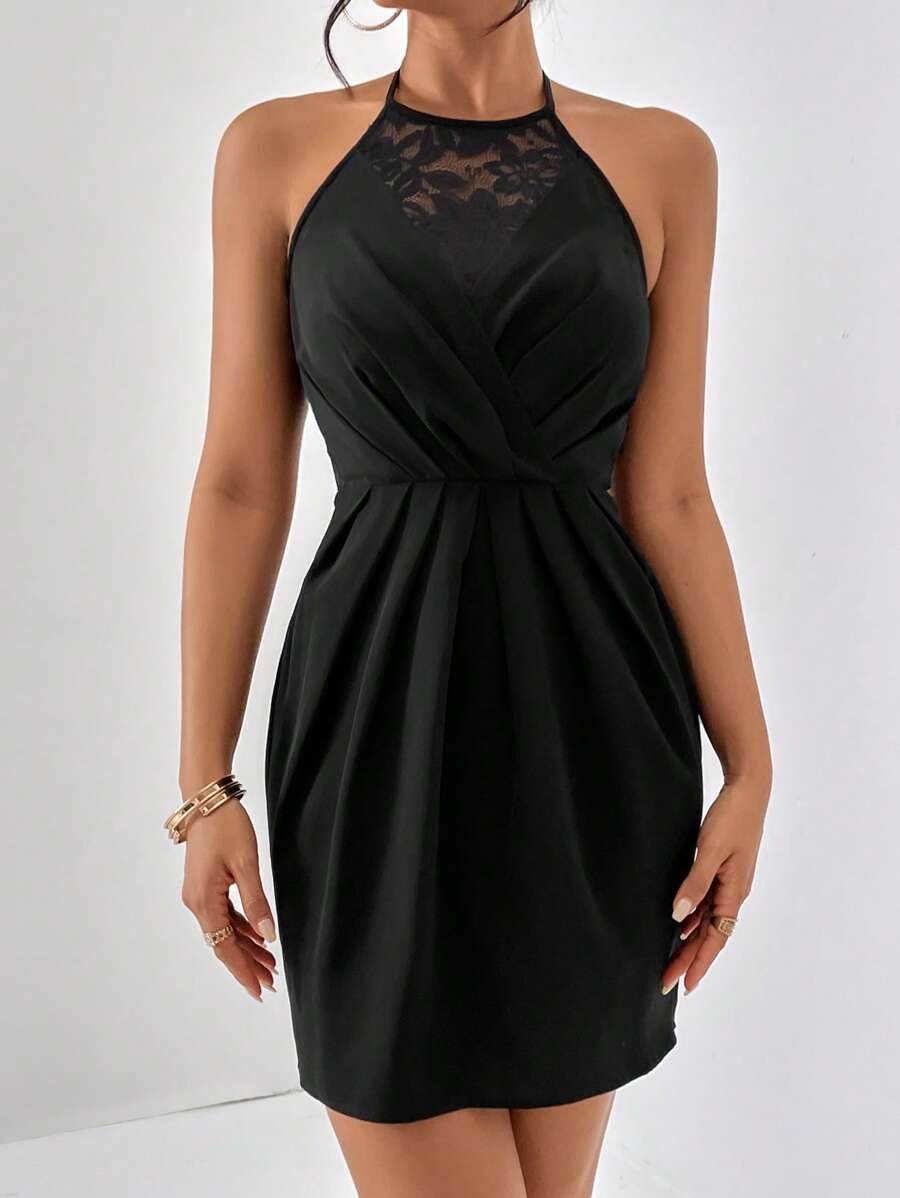 SHEIN Privé Đầm Lộ Lưng Tương phản ren Buộc lại màu trơn Thanh lịch - màu đen - Xem 1