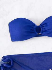 Ring Linked Bandeau Bikini Set For Summer With Beach Skirt - Royal Blue - View 7