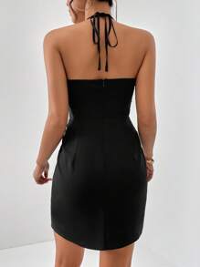 SHEIN Privé Đầm Lộ Lưng Tương phản ren Buộc lại màu trơn Thanh lịch - màu đen - Xem 2