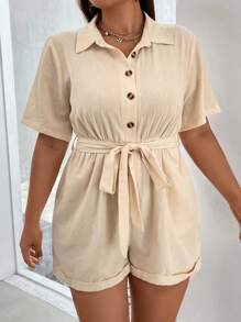 Celure 大碼前紐扣腰帶襯衫連體短褲 - 杏色 - 查看 9