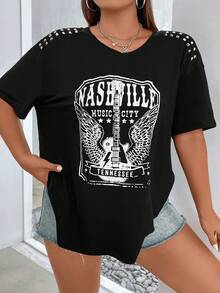 SHEIN Coolane Hơn Lá thư & Đàn ghi ta In Chi tiết đáng kinh ngạc Áo thun Thả vai - màu đen - Xem 3