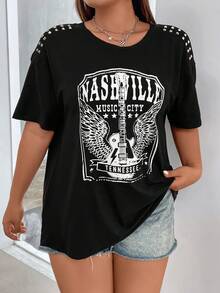 SHEIN Coolane Hơn Lá thư & Đàn ghi ta In Chi tiết đáng kinh ngạc Áo thun Thả vai - màu đen - Xem 5