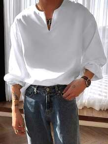 Manfinity Hypemode Camisa De Cuello En V Exagerado Con Manga Obispo Sólida Para Hombres - Blanco - Ver 1