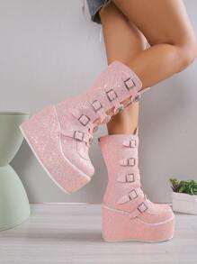 ROMWE Kawaii 女性素色金屬亮絲搭扣裝飾坡跟靴,前衛戶外時尚靴子 - 粉色 - 查看 1