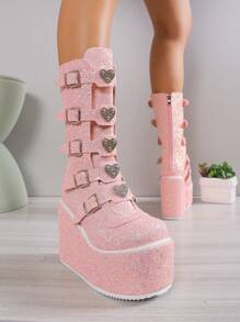 ROMWE Kawaii 女性素色金屬亮絲搭扣裝飾坡跟靴,前衛戶外時尚靴子 - 粉色 - 查看 2