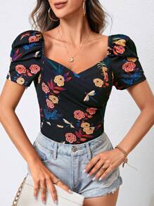 SHEIN Privé Áo thun nữ Xù Trọn gói Hoa Giải trí - màu đen - Xem 1