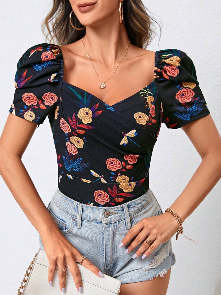 SHEIN Privé Áo thun nữ Xù Trọn gói Hoa Giải trí - màu đen - Xem 1