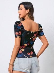 SHEIN Privé Áo thun nữ Xù Trọn gói Hoa Giải trí - màu đen - Xem 2