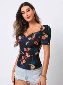 SHEIN Privé Áo thun nữ Xù Trọn gói Hoa Giải trí - màu đen - Xem 3