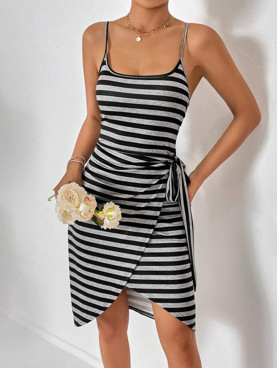SHEIN Privé Striped Print Knot Side Wrap Hem Cami Dress - Black and White - View 1
