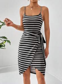 SHEIN Privé Striped Print Knot Side Wrap Hem Cami Dress - Black and White - View 3