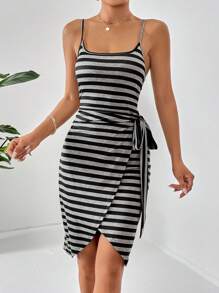 SHEIN Privé Striped Print Knot Side Wrap Hem Cami Dress - Black and White - View 4