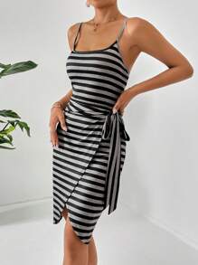 SHEIN Privé Striped Print Knot Side Wrap Hem Cami Dress - Black and White - View 5